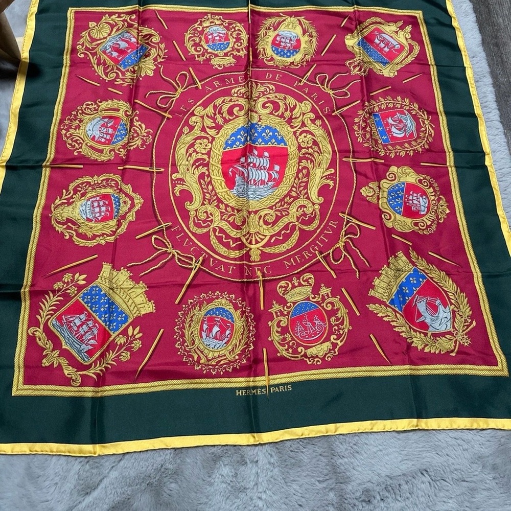 Hermes Red, Green & Gold Silk Scarf